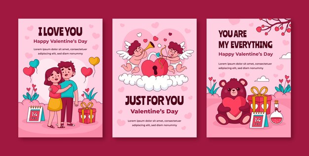 Hand drawn greeting cards collection for valentines day celebration