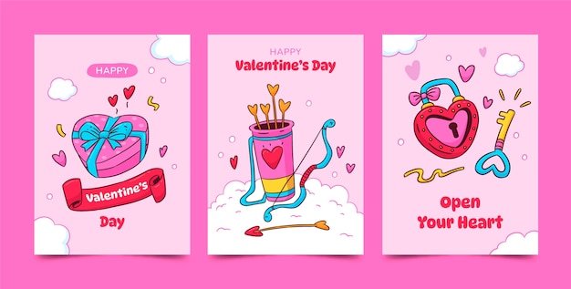 Free vector hand drawn greeting cards collection for valentines day celebration