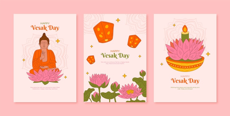 Free Vector hand drawn greeting cards collection for vesak festival celebration