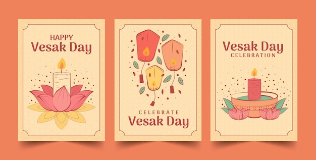 vesak祭のお祝いのための手描きのグリーティングカードコレクション