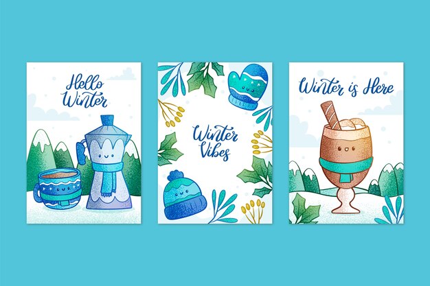 Hand drawn greeting cards collection for winter season with drink and leaves