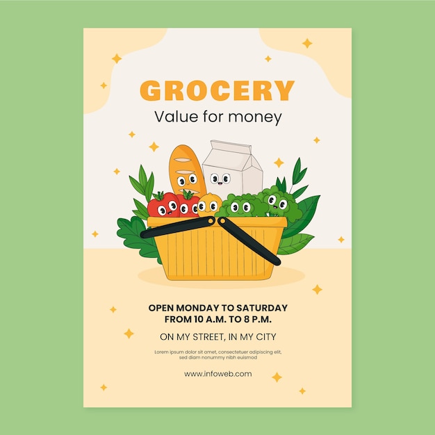 Бесплатное векторное изображение Ручно нарисованный плакат продуктового магазина