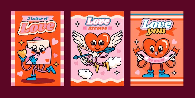 Hand drawn groovy love card set