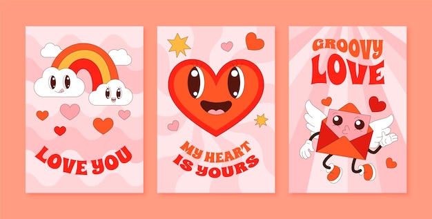 Hand drawn groovy love cards set