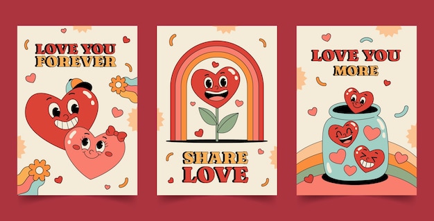 Hand drawn groovy love cards set