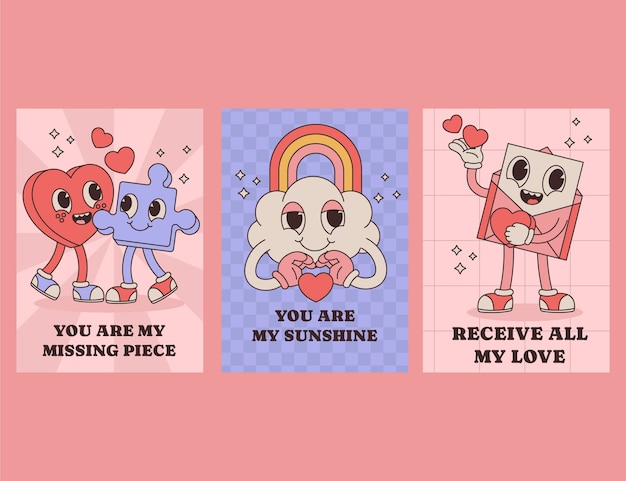 Free vector hand drawn groovy love cards set