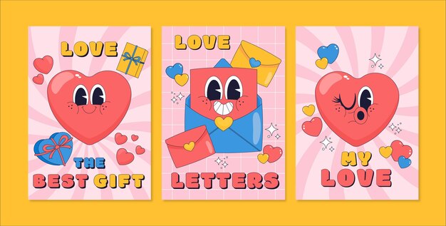 Hand drawn groovy love cards set