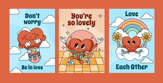 Hand drawn groovy love cards