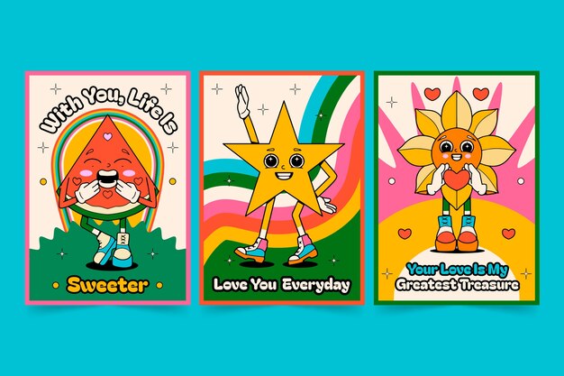 hand drawn groovy love cards