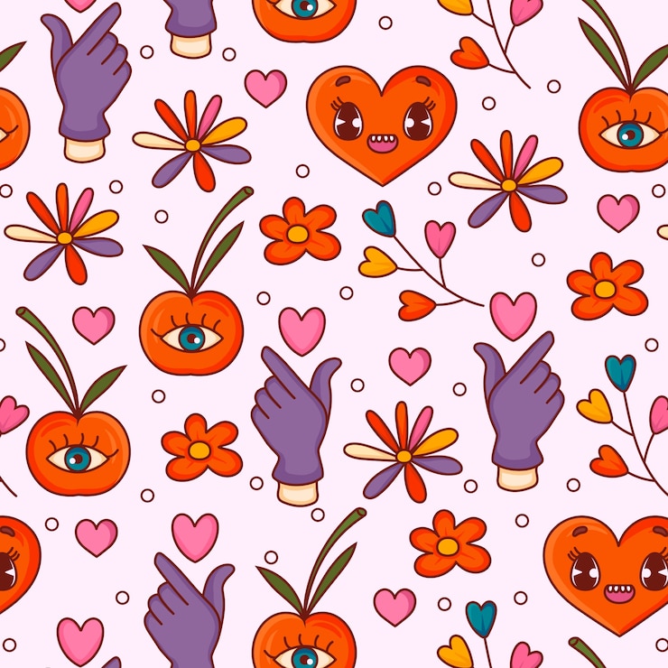 Free Vector hand drawn groovy love pattern