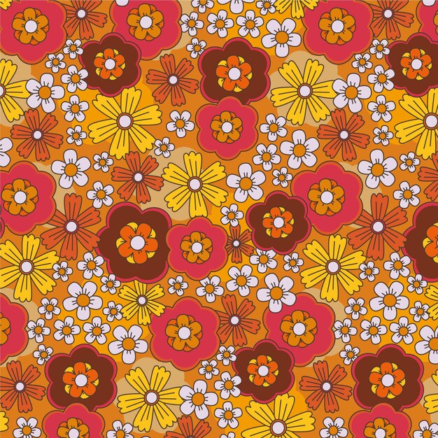 Hand drawn groovy pattern with flowers