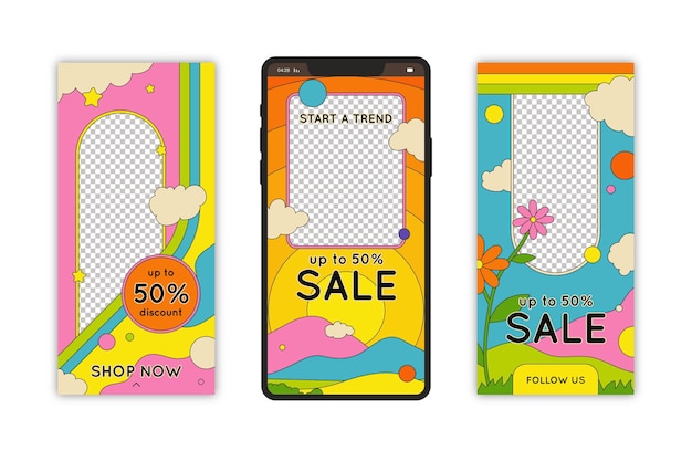 Free vector hand drawn groovy sale instagram story collection