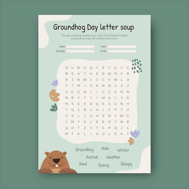 Hand drawn groundhog day worksheet