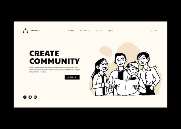 人々の手描きのグループのランディングページテンプレート