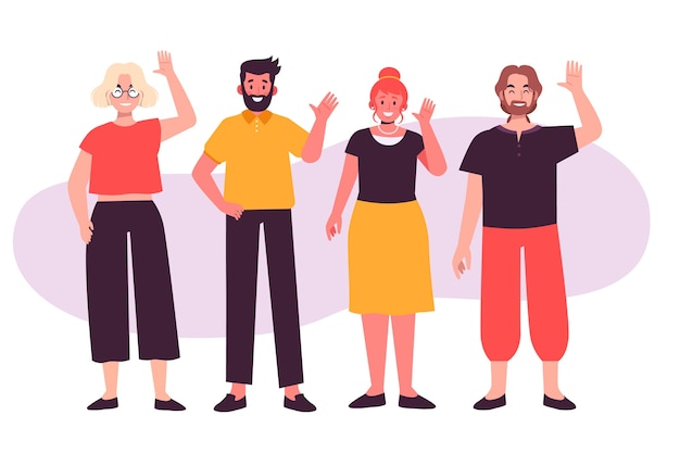 Hand drawn group of people waving