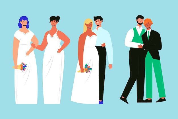 Hand drawn group of wedding couples – Free Vector Download