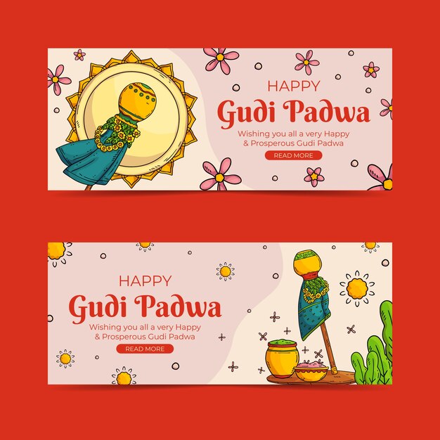 손으로 그린 gudi padwa 가로 배너 세트