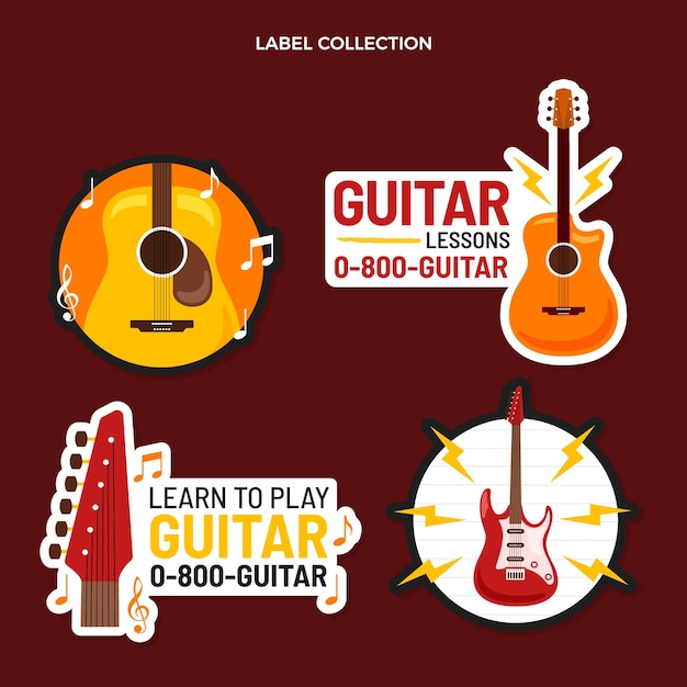 Бесплатное векторное изображение Нарисованные от руки этикетки уроков игры на гитаре