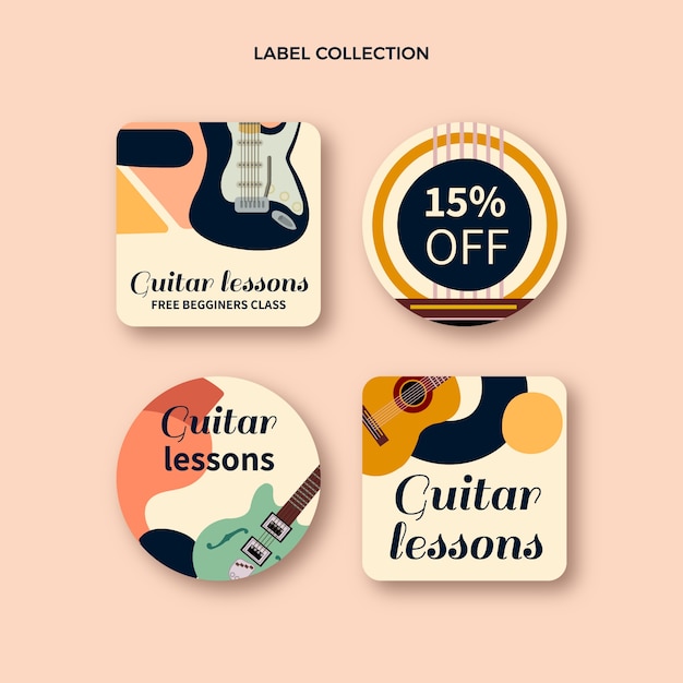 Free vector hand drawn guitar lessons labels