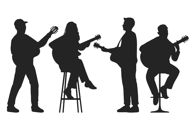Setta di silhouette di chitarrista disegnata a mano