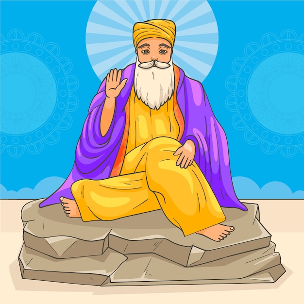 Vettore gratuito illustrazione disegnata a mano del guru nanak gurpurab