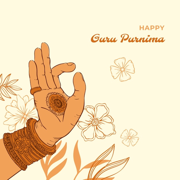 Нарисованная рукой иллюстрация гуру пурнима с рукой и цветами