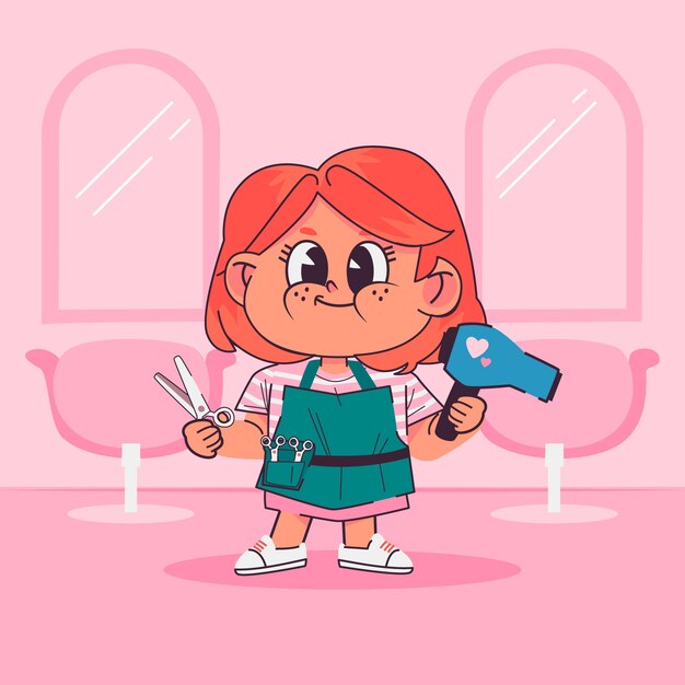 Иллюстрация мультфильма о парикмахере, нарисованная вручную