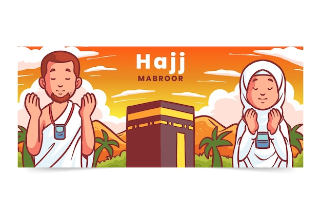 Бесплатное векторное изображение Нарисованный рукой шаблон горизонтального баннера хаджа с молящимися людьми