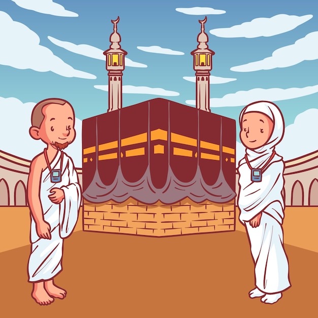 Free vector hand drawn hajj illustration with people praying at mecca