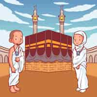 Free vector hand drawn hajj illustration with people praying at mecca