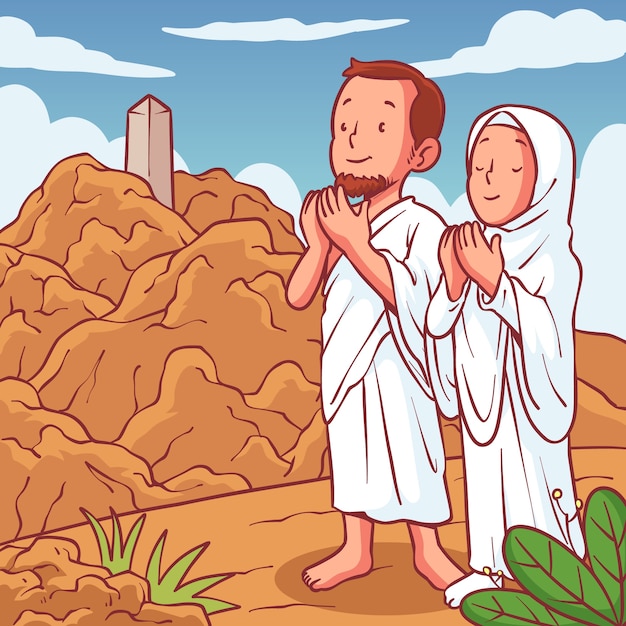 Нарисованная рукой иллюстрация хаджа с молящимися людьми