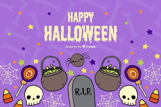 Hand drawn halloween background with tombstones