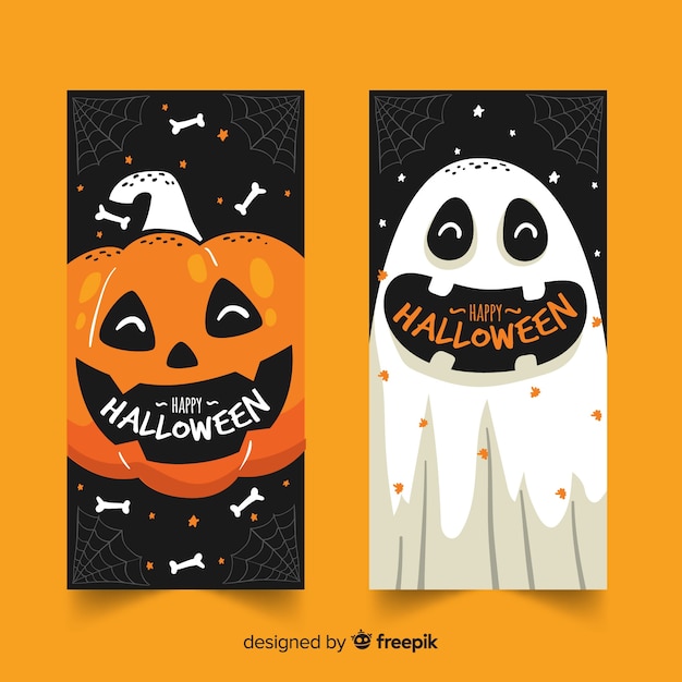 Hand drawn halloween banners pumpkin and ghost