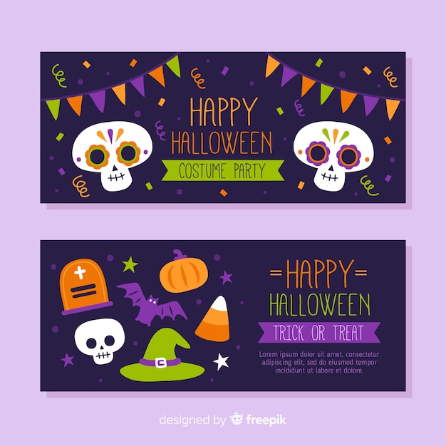 Hand drawn halloween banners with skulls