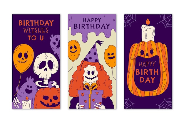 Hand drawn halloween birthday cards collection