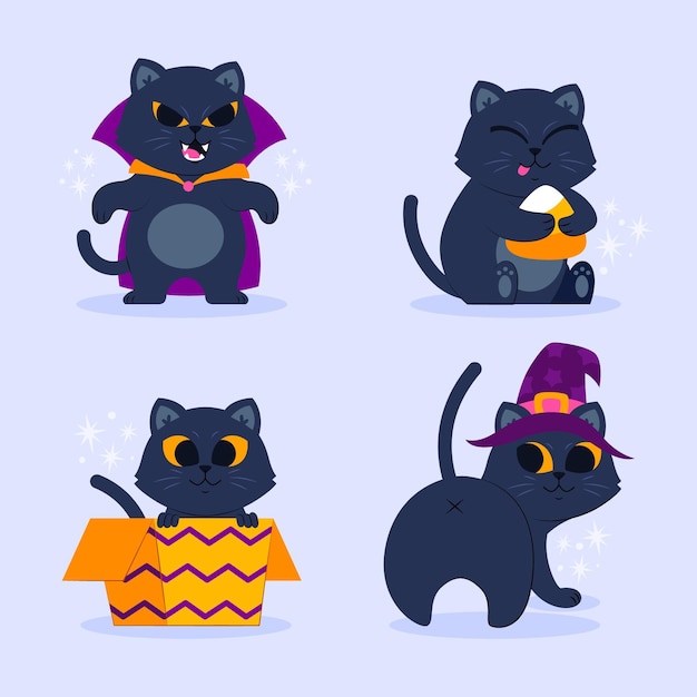 無料ベクター 手描きハロウィン黒猫コレクション