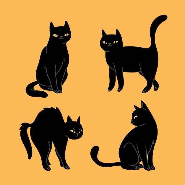 Free Vector hand drawn halloween black cats collection
