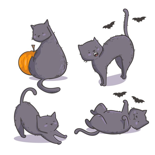 Hand drawn halloween black cats collection