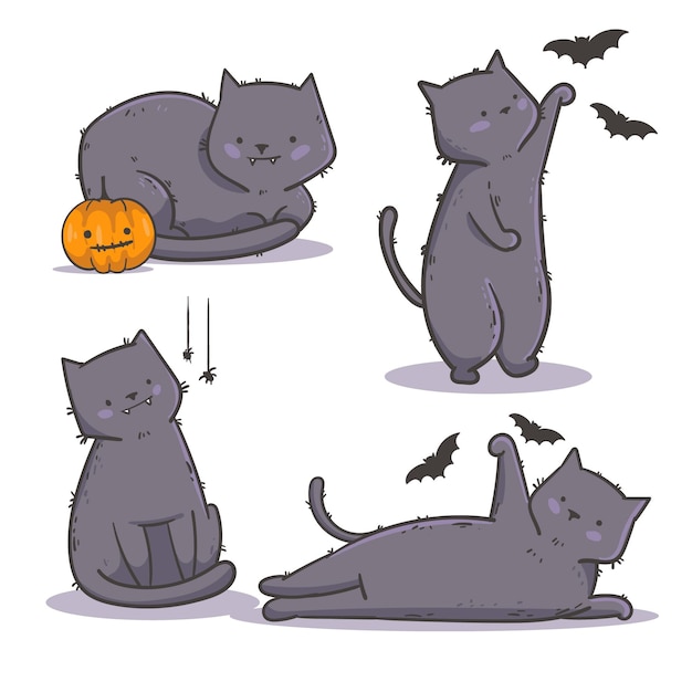 Vettore gratuito collezione di gatti neri di halloween disegnati a mano