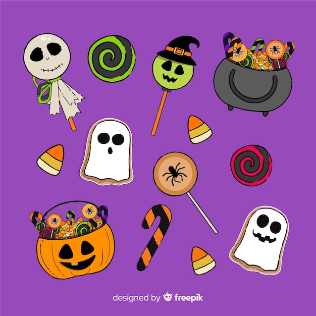 Vettore gratuito collezione di caramelle di halloween disegnata a mano