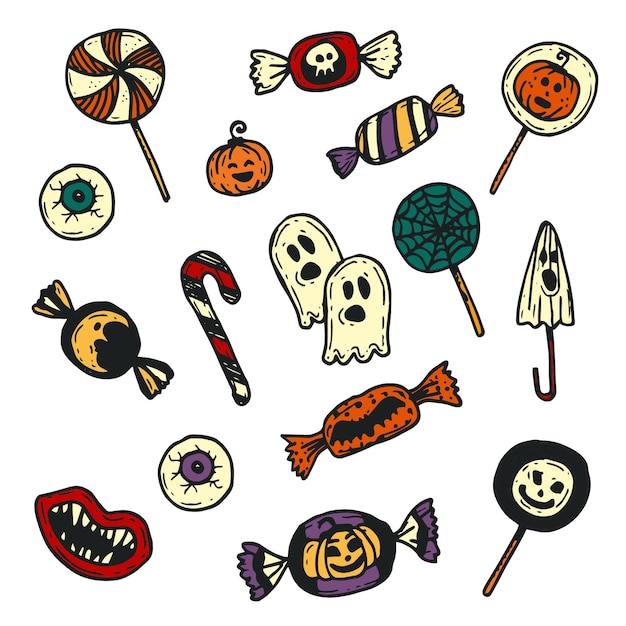 Collezione di caramelle di halloween disegnata a mano