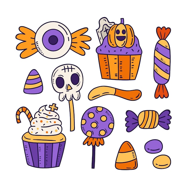 Vettore gratuito collezione di caramelle di halloween disegnata a mano