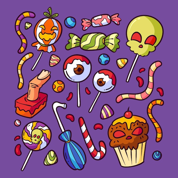 Collezione di caramelle di halloween disegnata a mano