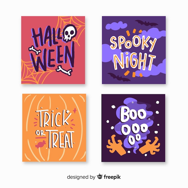 Hand drawn halloween card collection with spooky night quotes