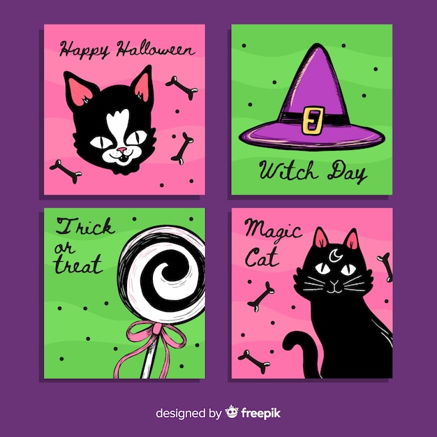 Hand drawn halloween cat card collection
