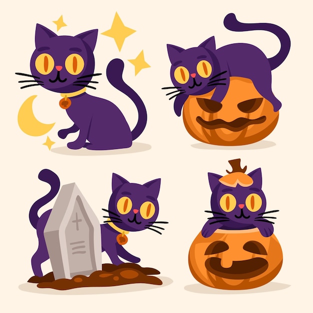 Vettore gratuito collezione di gatti di halloween disegnati a mano