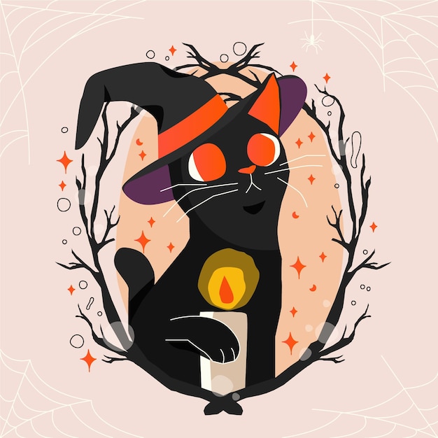 Vettore gratuito illustrazione disegnata a mano del gatto di halloween