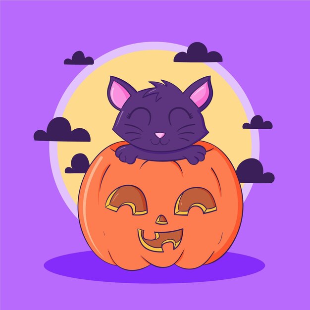 손으로 그린 할로윈 고양이 그림