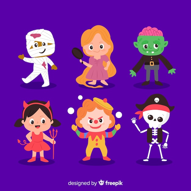 Hand drawn halloween character collection in purple background