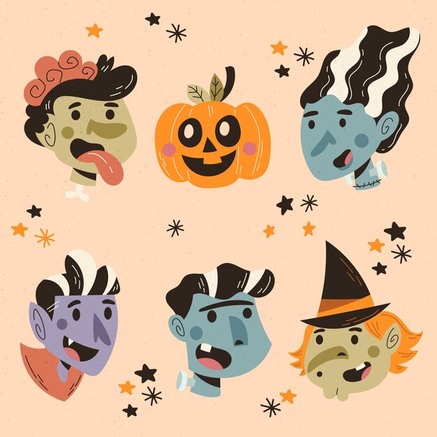 Hand drawn halloween character collection